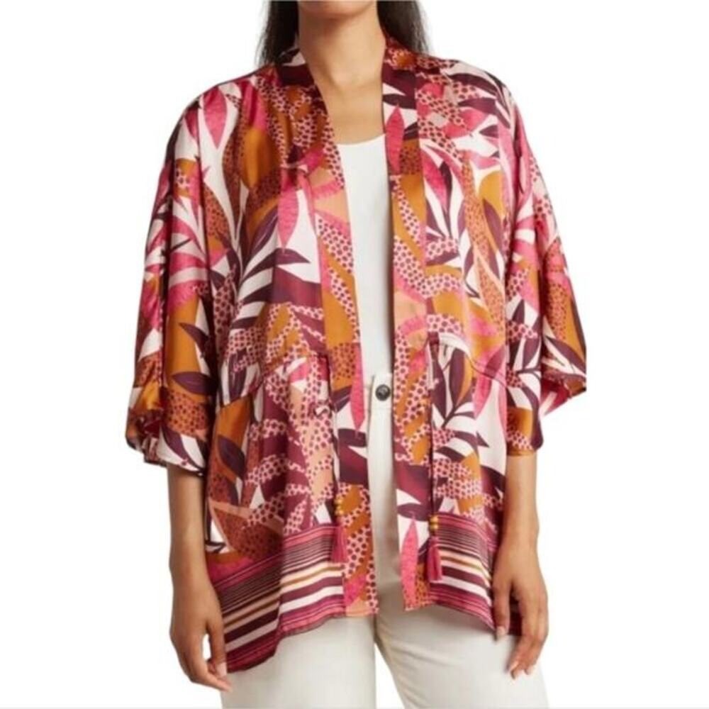 DR2 by Daniel Rainn Pink Tropical Leaf Print Kimono Wrap Jacket‎ DR20492PDS S/M